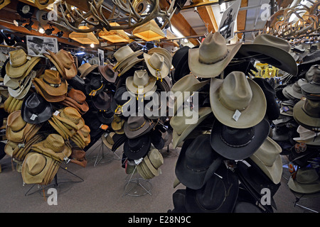 Many styles of cowboy hats for sale at Beaver Creek Hat & Leathers in Jackson Hole, Wyoming. Stock Photo