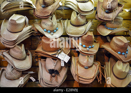 Many styles of cowboy hats for sale at Beaver Creek Hat & Leathers in Jackson Hole, Wyoming. Stock Photo