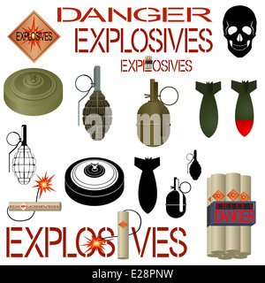 Explosive substances and objects used in industry and military affairs. Illustration on white background. Stock Photo