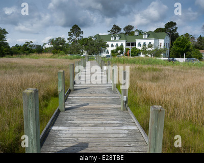 Boardwalk through the Marsh Grass, Manteo, North Carolina Stock Photo