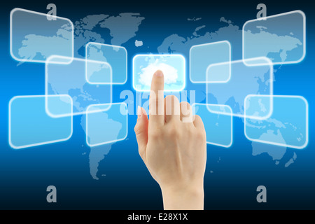 Cloud computing concept with woman hand with map Stock Photo