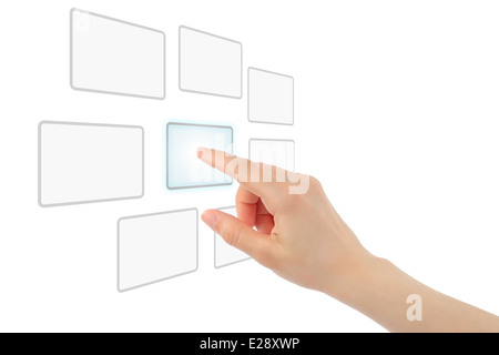 Woman hand using touch screen interface on white background Stock Photo