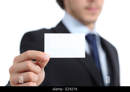 Close up of a businessman hand holding a business card isolated on a white background Stock Photo