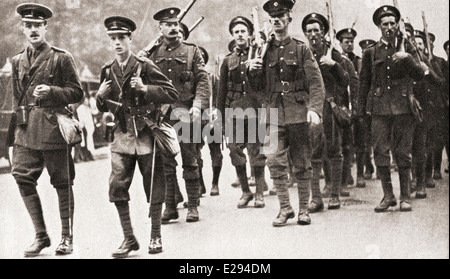 The Prince of Wales leading his company of Grenadier Guards on a route march in full service kit during WWI. Stock Photo