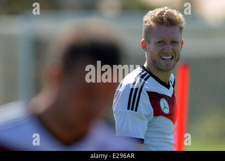 Santo Andre, Brazil. 17th June, 2014. Andre Schuerrle looks during a training session of the German national soccer team at the training center in Santo Andre, Brazil, 17 June 2014. The FIFA World Cup 2014 will take place in Brazil from 12 June to 13 July 2014. Photo: Thomas Eisenhuth/dpa/Alamy Live News Stock Photo