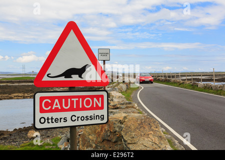 Caution Otters Crossing red triangle road sign by causeway from Benbecula to North Uist Outer Hebrides Western Isles Scotland UK Britain Stock Photo