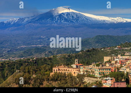 View of Mount Etna covered of snow from Taormina Stock Photo