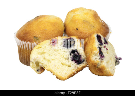 one cut and two whole blueberry muffins in cupcake cups Stock Photo
