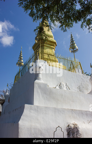 Mount Phou Si, also written Mount Phu Si, is a 100m high hill in the centre of the old town of Luang Prabang. Stock Photo