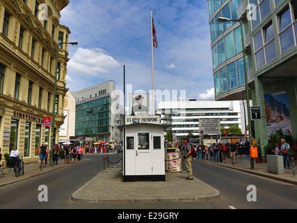 Checkpoint Charlie old East West border crossing post in Friedrichstrasse in Berlin, Germany Stock Photo