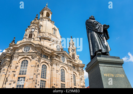 The Dresden Frauenkirche  Lutheran Church of Our Lady DRESDEN capital of the German state of Saxony. at market place. statue of