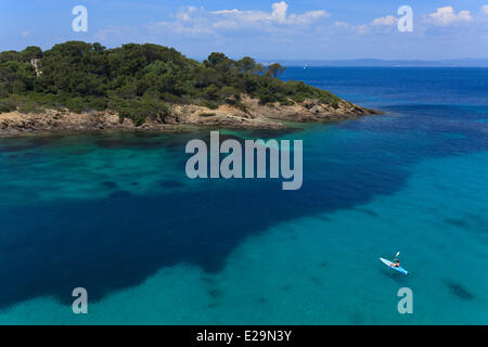 France, Var, Iles de Hyeres, Ile de Porquerolles, turquoise waters of the Plage d'Argent, sea kayaking Stock Photo