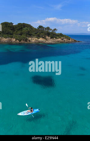 France, Var, Iles de Hyeres, Ile de Porquerolles, turquoise waters of the Plage d'Argent, sea kayaking Stock Photo