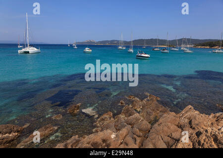 France, Var, Iles de Hyeres, Ile de Porquerolles, sailboat at anchor in the turquoise waters of the Plage d'Argent Stock Photo