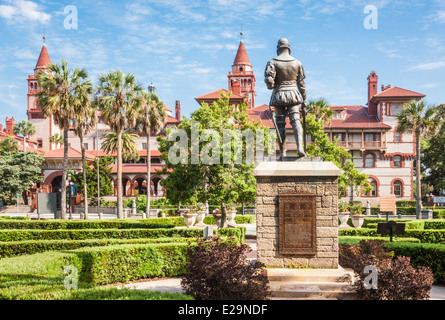 The statue of Pedro Menendez de Aviles faces the historic architecture of Flagler College in downtown St. Augustine, Florida. Stock Photo