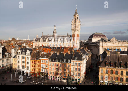 France, Nord, Lille, Place du General de Gaulle (General De Gaulle square) or Grand Place with the belfry and Chamber of Stock Photo