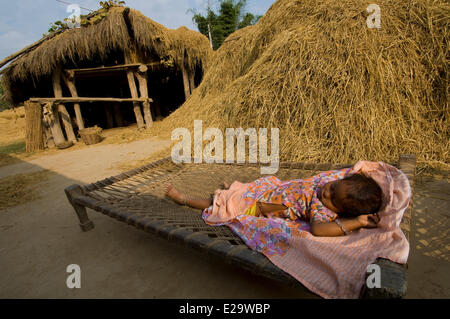 Nepal, Terai area, Seti Zone, Kailali District, traditional life of a village of Rana Tharu ethnic group Stock Photo