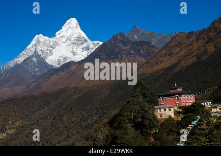 Nepal, Sagarmatha Zone, Khumbu Region, trek of the Everest Base Camp, Tengboche monastery in front of the Ama Dablam (6856 m) Stock Photo