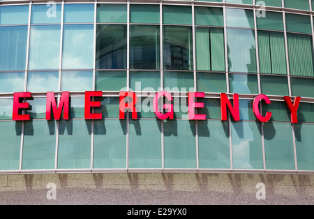 Emergency sign in big red letters, Children's Hospital of Philadelphia, Pennsylvania, USA Stock Photo