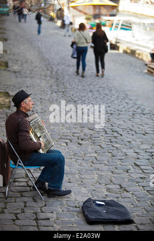 France, Paris, Quai de Montebello, accordion player Stock Photo