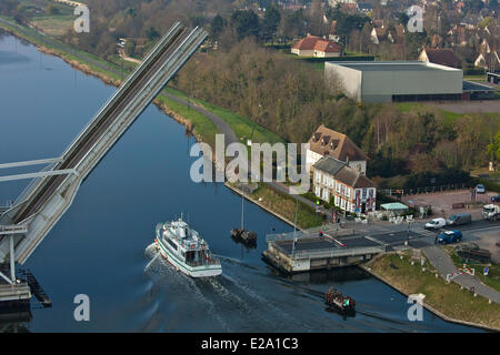 France, Calvados, Benouville, Benouville Bridge or Pegasus Bridge, drawbridge across the canal from Caen to the sea, released Stock Photo