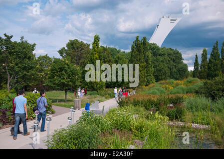 Canada, Quebec Province, Montreal, Botanical Garden and at the background the Olympic Stadium tower Stock Photo