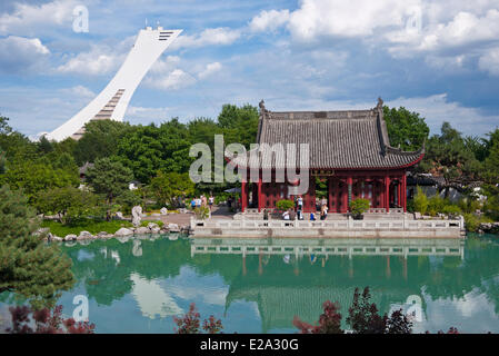 Canada, Quebec Province, Montreal, Botanical Garden, Chinese garden and at the background the Olympic Stadium tower Stock Photo