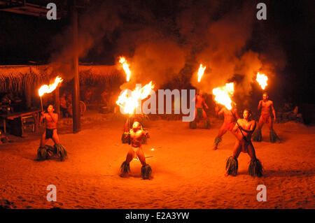 France, French Polynesia, Society Islands, Windward Islands, Moorea, Haapiti Hauru, Tiki Village, Maori traditional performing Stock Photo