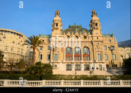 Principality of Monaco, Monaco, Monte Carlo, Societe des Bains de Mer de Monaco, the facade on the sea side of the casino and Stock Photo