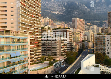 Principality of Monaco, Monaco, Monte-Carlo, Larvotto boulevard and building NI BOX in the foreground Stock Photo