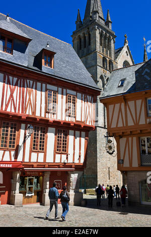 France, Morbihan, Vannes, half timbered houses on Place Henri IV and the cathedral