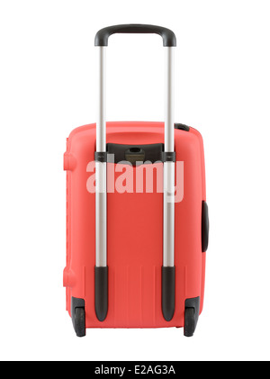 Red rolling trolley suitcase isolated on white background Stock Photo