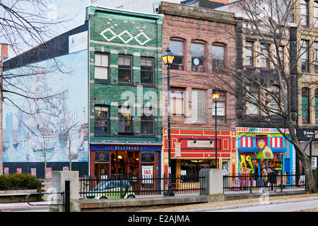 Canada, Nova Scotia, Halifax, downtown, Barrington Street and its colorful shops Stock Photo
