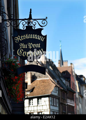 France, Bas Rhin, Strasbourg, feature : Felder's Alsace, signs of the restaurant Au Pont Corbeau Stock Photo