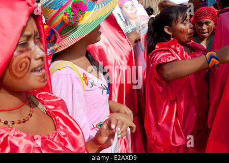 Colombia, La Guajira Department, Uribia, Wayuu women meeting during the annual Festival of the community Stock Photo