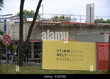 Kassel, Germany. 17th June, 2014. ATTENTION - EMBARGO CONDITION - 18 JUNE 2014 - 15:00 PM - View of the construction site of the 'Grimmwelt' ('Grimm World') in Kassel, Germany, 17 June 2014. The house on the life and work of the collectors of fairy tales and linguists Jacob and Wilhelm Grimm is scheduled to be opened in mid 2015. Photo: Uwe Zucchi/dpa/Alamy Live News Stock Photo