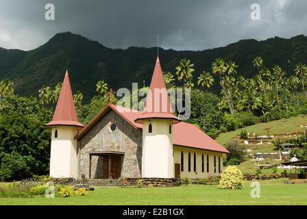 France, French Polynesia, Marquesas islands, Nuku Hiva island, Hatiheu, church, cemetery, coconut Stock Photo