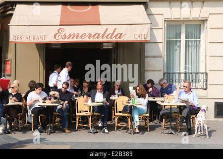 France, Paris, terrace of the Cafe Esmeralda located on the Ile de la Cite nearby Notre Dame de Paris cathedral Stock Photo