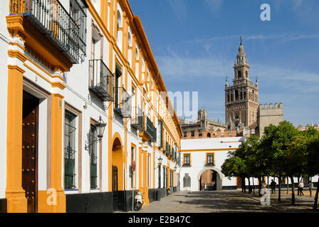 Spain, Andalucia, Seville, Barrio de Santa Cruz, Giralda minaret of the Almohad style jouxant Cathedral listed as World Stock Photo