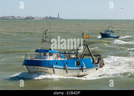 Spain, Andalucia, Sanlucar de Barrameda, fishing boats at the mouth of the Guadalquivir Stock Photo