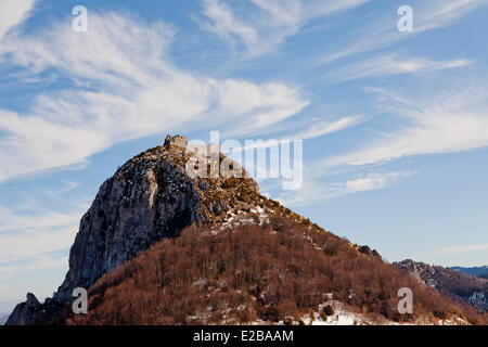 France, Ariege, Pays d'Olmes, Cathar Castle of Montsegur Stock Photo