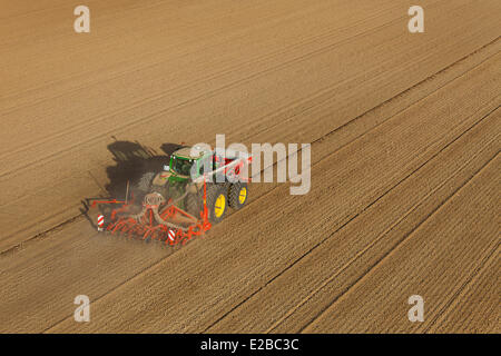 France, Loir et Cher, Tourailles, agricultural work, air seeder (aerial view) Stock Photo