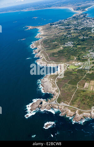 France, Morbihan, Quiberon, Cote Sauvage (the Wild Coast), the wild coast (aerial view) Stock Photo