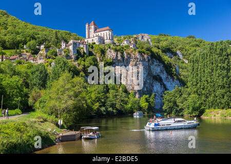 France, Lot, Saint Cirq Lapopie, labelled The Most Beautiful Villages of France, river tourism Stock Photo