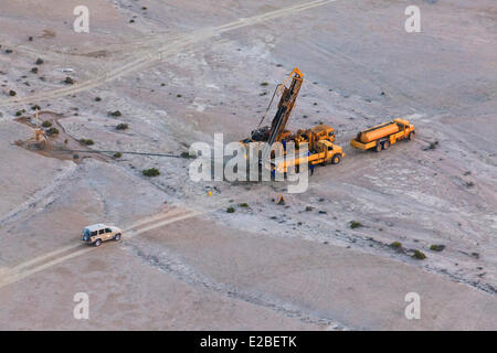 Namibia, Erongo Region, drilling for uranium exploration near Sawakopmund three uranium mines : Trekkopje mine for Areva, formerly Uramin, Rossing and Langer Heinrich (aerial view)