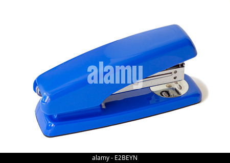The bright blue stapler for papers, is photographed by a close up. Stock Photo