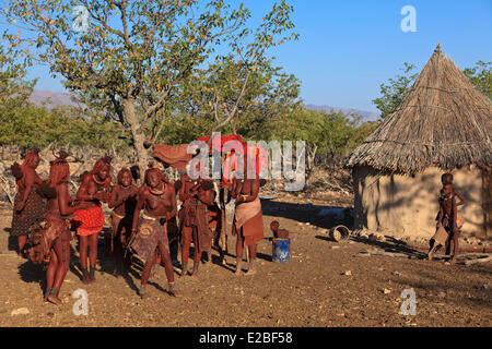 Namibia, Kunene Region, Kaokoland or Kaokoveld, Himba Village, Bantu ethnic group, group of dancers with body covered with hematite ocher, Himba traditional dancing Stock Photo