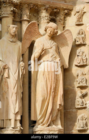 France, Marne, Reims, Notre Dame Cathedral listed as World Heritage by UNESCO, the angel smile carved between 1236 and 1245 located at the northern left entrance Stock Photo