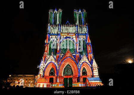 France, Marne, Reims, Notre Dame Cathedral listed as World Heritage by UNESCO, sound and light show Dreams of colors created by Stock Photo