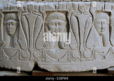 Egypt Dendera Hathor temple:stone head of the goddess in the courtyard. Stock Photo